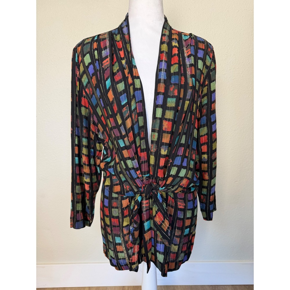 Vintage 90s Artsy Color Block Cardigan Jacket | Geometric Multi-Color